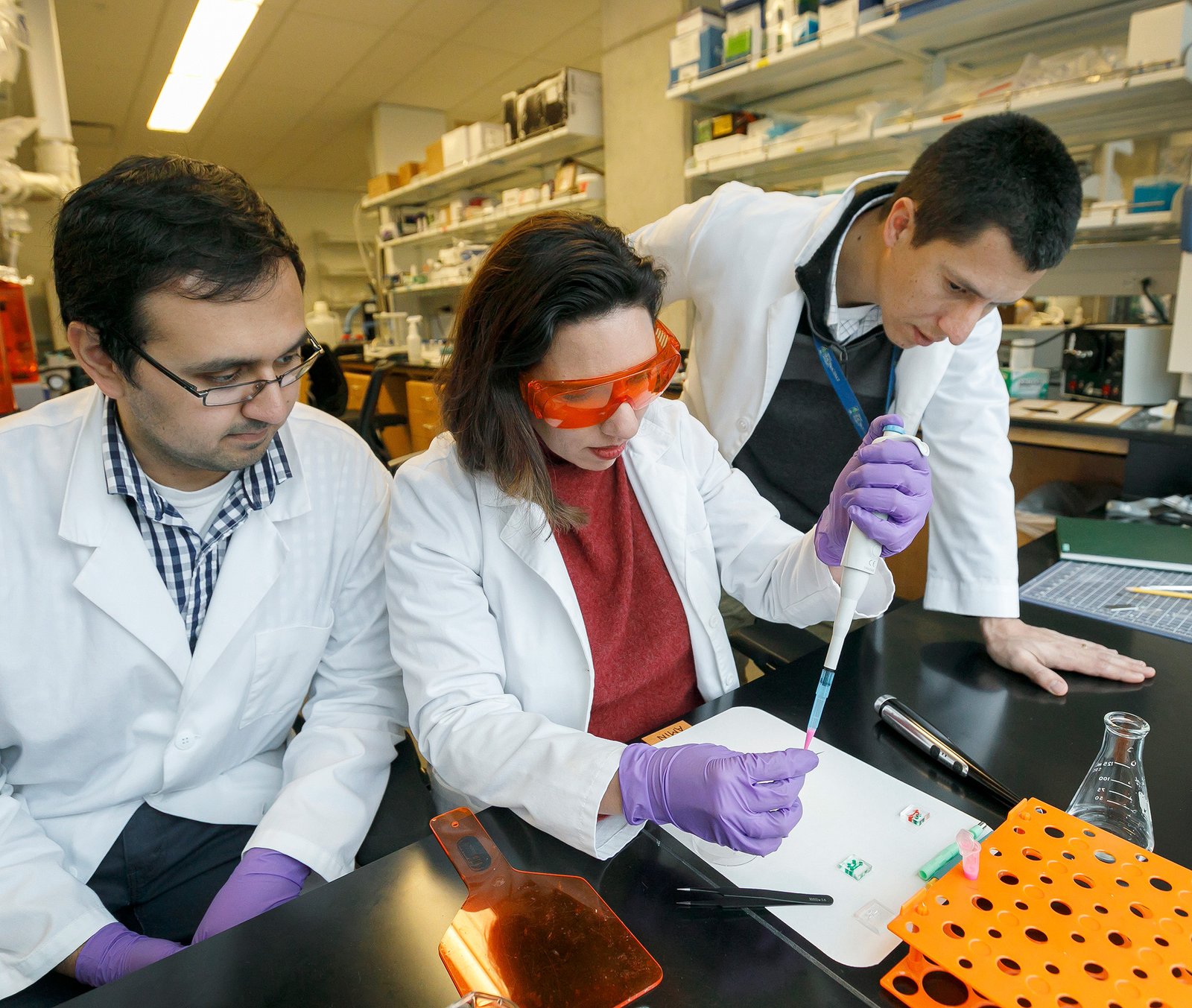 Three faculty members working in a lab.